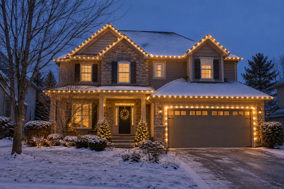 A two-storey house at dusk with warm white lights along every roofline and a lit wreath, light snow on the lawn