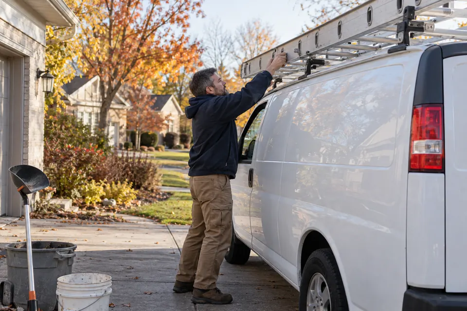 An owner-operator loading a ladder onto a white van in a driveway